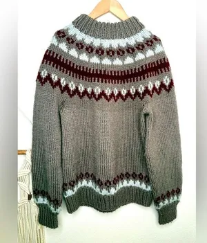 Handknit Sweater Taupe Maroon Cream nordic fair isle handknit Mockneck Knit thumbnail 3