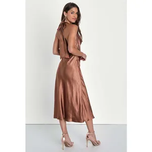 NWT Lulus Sophisticated Impression Brown Satin Backless Cowl Midi Dress Party XS thumbnail 3