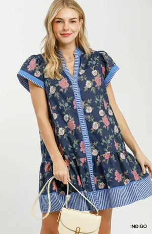 Umgee Floral Contrast Trim Ruffle Hem Mini Dress - Indigo - Small thumbnail 1