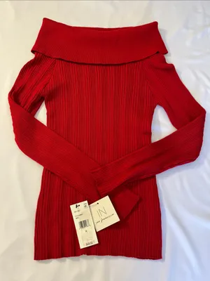 I.N. San Francisco Red Off-the-Shoulder Ribbed Knit Sweater thumbnail 1