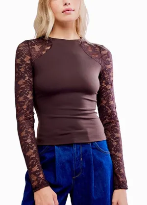 Free People No Excuses Lace Sleeve Top Hot Fudge Brown Sheer Knit Shirt Size L thumbnail 1