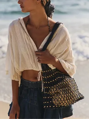 NWT Free People Navy Macramé Tote with Gold Bead Accents thumbnail 3