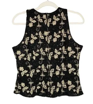 Laurence Kazar Silk Beaded Top Size Large Floral Embroidered Sleeveless Sz L thumbnail 4