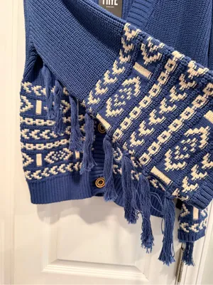 NWT FRYE Size L Blue Cream Fair Isle Fringe Cotton Button Cardigan Sweater Boho thumbnail 4