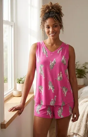 Joyspun Tiger Print Pajama Set Vibrant Loungewear Hot Pink Soft M/S Mix thumbnail 1