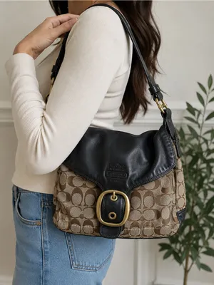 Coach Bleecker Signature Buckle Flap Shoulder Bag Style 11434 Black Brown thumbnail 1