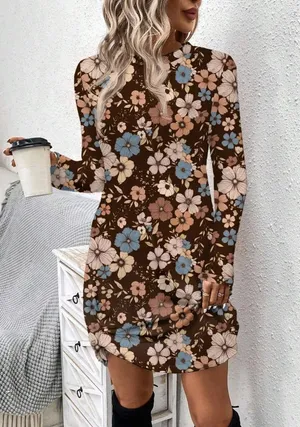 Vintage Brown Floral Long Sleeve Round Neck Dress thumbnail 1