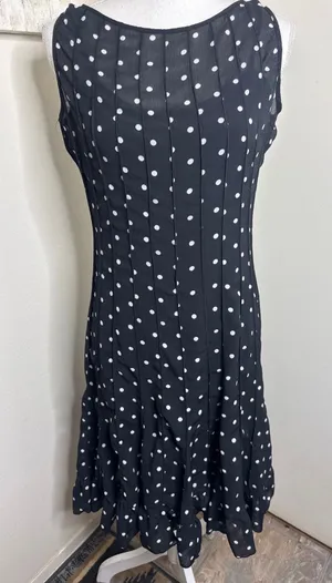 Vintage Retro Black Polka Dot Midi Dress Sleeveless Pleated Flounce Hem Classic thumbnail 1
