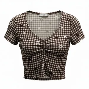 Gingham Print Crop Top Brown White‎ Checkered Cutesy Cottagecore Daisy Size XS thumbnail 1