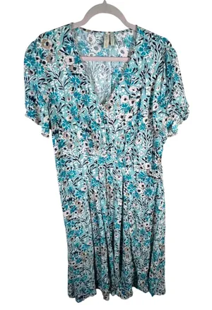 Sahalie Collection Floral Midi Dress V Neck‎ Short Sleeve Smocked Waist Sz 16 thumbnail 1
