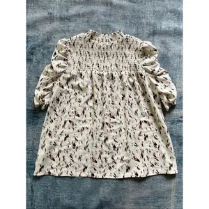 THML Cream Tan Brown Feather Not In My Cap Ruched Half Sleeve Blouse Medium thumbnail 3