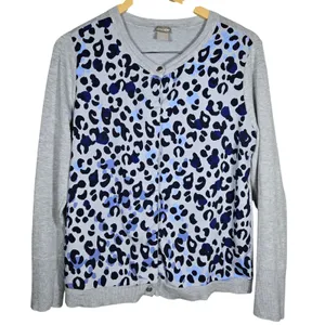 Chico's Grey Blue Leopard‎ Print Mixed Media Button Front Cardigan Sweater M thumbnail 1
