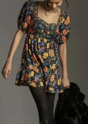 Anthropologie Farm Rio Short-Sleeve Sweetheart Floral Mini Dress Size L NWT $228 thumbnail 1