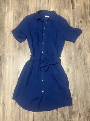 UNTUCKit Nancy Blue 100% Linen Belted Button Down Shirt Dress Size 10 thumbnail 1