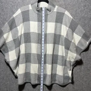 Jones‎ New York Sweater Poncho Cape Grey White Buffalo Plaid Full Zip Front L/XL thumbnail 3