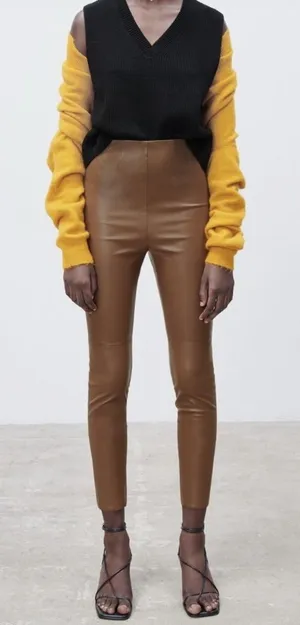 Zara Womens High Waist Faux Leather Leggings Small Ankle Length Brown thumbnail 1