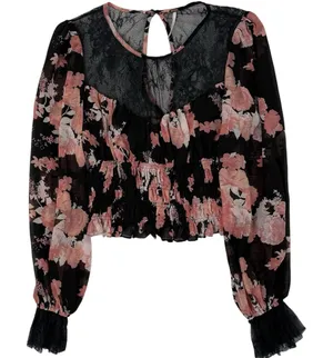 Free People Daphne Boho Blouse Top‎ Womens Size Small Black Midnight Combo Shirt thumbnail 1