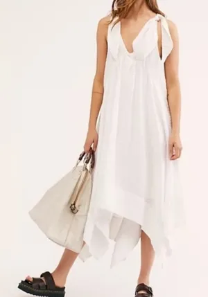 Free People Small Celine Maxi Dress White Textured Beach Flowy Bow Tie Strap thumbnail 1