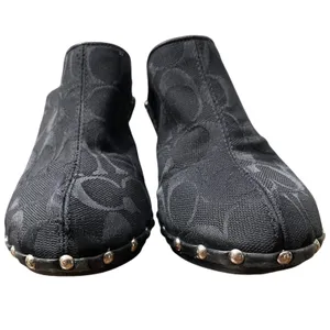 Y2K Coach Black Monogram Jacquard Studded Heeled Mules Wooden Clogs 7 thumbnail 3