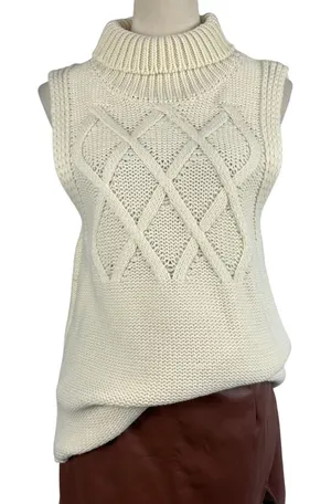 Cream Cable Knit Turtleneck Sleeveless Sweater Vest Women's Small Cozy‎ Casual thumbnail 1