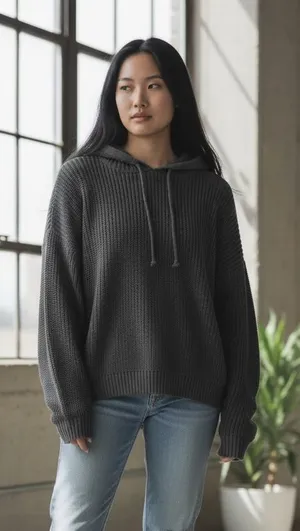Aerie OFFLINE Oversized Hooded Ribbed Knit Sweater Smoked Gray Women’s Medium thumbnail 1