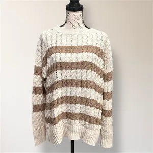 Pilcro Anthropologie M Cream Tan Stripe Cable Knit Sweater Oversized‎ Cozy Cabin thumbnail 2