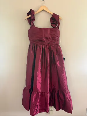 Lulus Poised Passion Wine Red Taffeta Pleated Ruffled Midi Dress Size Large NWT thumbnail 4