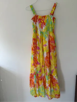 Seafolly Palm Springs Smocked Midi Dress in Lime Light Multi Floral Size Medium thumbnail 9