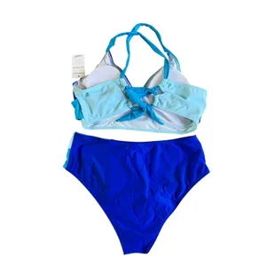 Rosvigor Swimsuit High‎ Waist Bikini Set Twist Front Top Blue Color Block L thumbnail 6