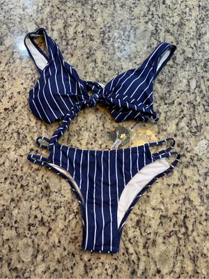 Blooming Jelly Navy Stripe Tie-Front Bikini Set thumbnail 1