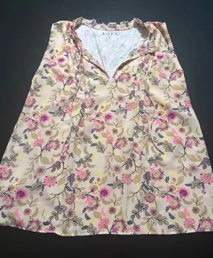 LOFT Womens‎ Large Floral Sleeveless Ruffle Neck Tie Blouse Pink Yellow thumbnail 1