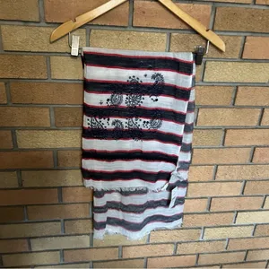 NWT LOFT Embroidered Black Red & White Striped Scarf 70x24” thumbnail 2
