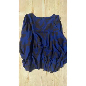 Evereve Blue Brown Abstract Floral Smocked Peplum Balloon Sleeve‎ Blouse Large thumbnail 8