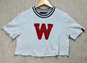 Under Armour Wisconsin Badgers Women Sz S Gray Cropped Waffle Knit TShirt Sporty thumbnail 1