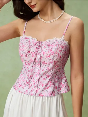 Rihoas Pink Floral Sweetheart Neck Cami Top thumbnail 2