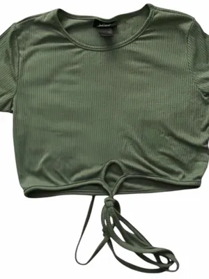 Just Polly Ribbed Olive Green Tie-Front Crop Top size M thumbnail 1