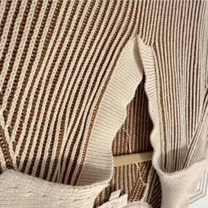 LOFT Pullover Sweater Brown Cream‎ Striped Ribbed Knit V-Neck Women Small thumbnail 3