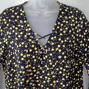 Bali Peasant Top Size M Navy Yellow Ditzy Floral Flowy Romantic Boho Prairie thumbnail 3