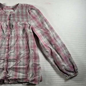 LOFT Women’s Medium Plaid Smocked Peasant Blouse Pink Gray Button Front thumbnail 5