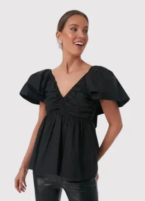 Hyacinth House Womens Top Black Margaux Flutter V Neck Peplum Blouse Medium thumbnail 1