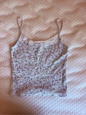 Floral Lace-Trim Ribbed Tank Top - White with Blue Floral thumbnail 2