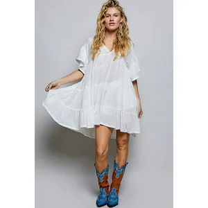 POL Cotton Ruffle Shirred V-Neck Short Sleeve Dress - Ivory - Medium thumbnail 5