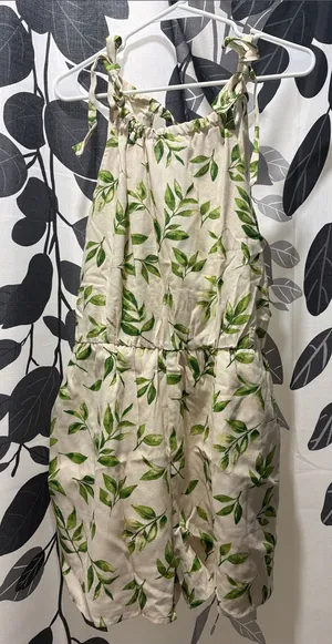 Gilli Cream Linen-Blend Leaf Print Tie-Strap Romper thumbnail 1