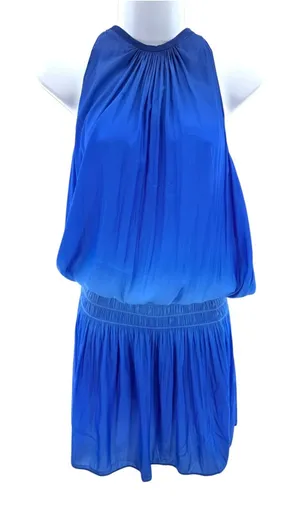 Ramy Brook Paris Sleeveless Mini Dress L Large Blue Smocked Blouson High‎ Neck thumbnail 1