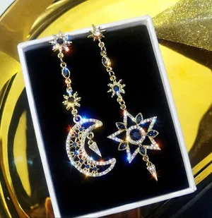Asymmetrical Celestial Moon & Star Drop Earrings - Horoscope, Bling, Sparkle thumbnail 1