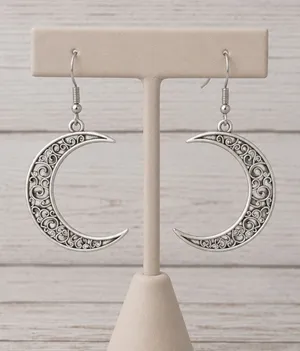 Large Ornate Silver Tone Moon Earrings - Brand New thumbnail 1