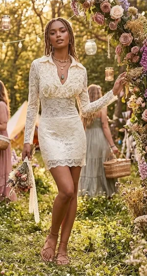 Sentimental NY Cream Lace Ruffle Mini Dress Small S Bridal Shower USA Made thumbnail 1