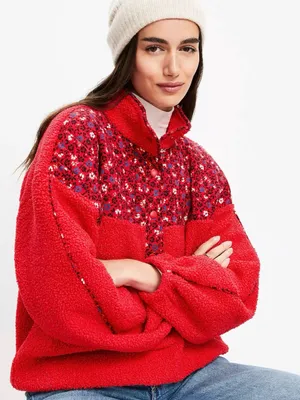 LOFT Red Mixed Media Floral Sherpa Fleece Pullover size large NWOT thumbnail 1