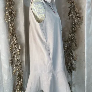 Sleeveless Beige‎ Cotton Linen Ruffle Hem Shirt Dress M NWT Pockets Chic thumbnail 4