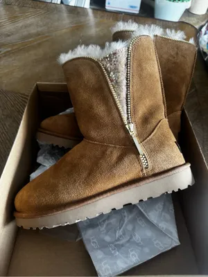 UGG Chestnut Suede Shearling Mid-Calf Boot with Gold Zip & Gem Accent thumbnail 1